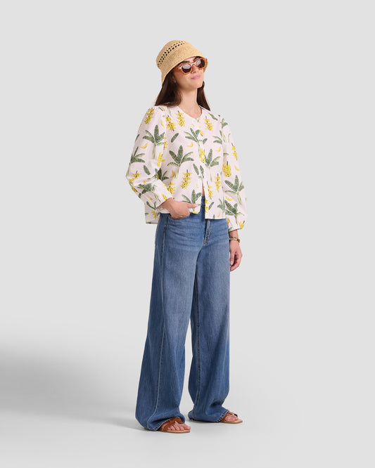 Women's Puff Sleeve Blouse With A Hand-Drawn Banana Palm Print