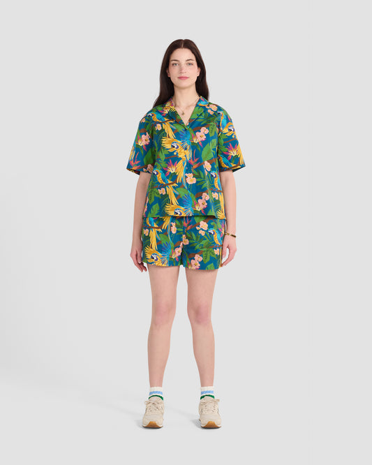 Women's Parrot Paradise Teal Print Oversized Camp Shirt
