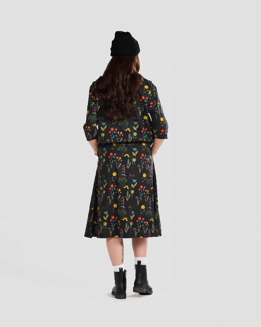 Women's Rainy Field Black Print Midi Pocket Skirt