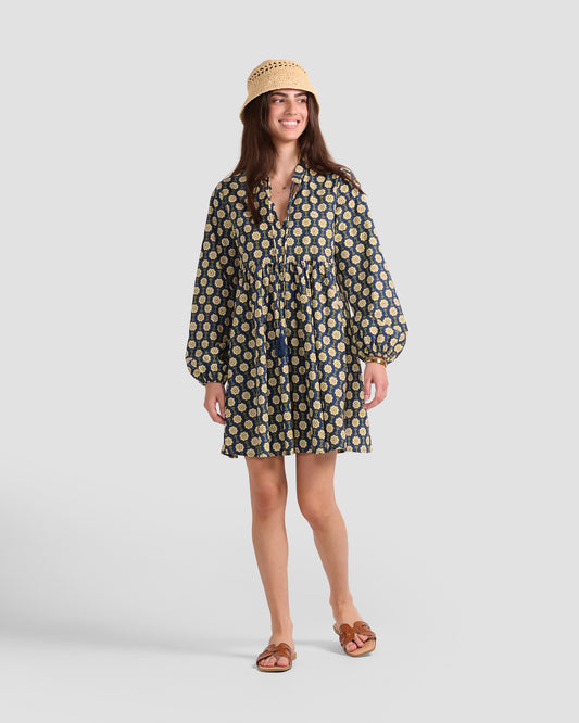 Spanish Tile Printed Boho Puff Sleeve Mini Dress With Pockets