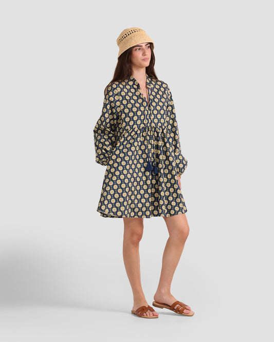 Spanish Tile Printed Boho Puff Sleeve Mini Dress With Pockets