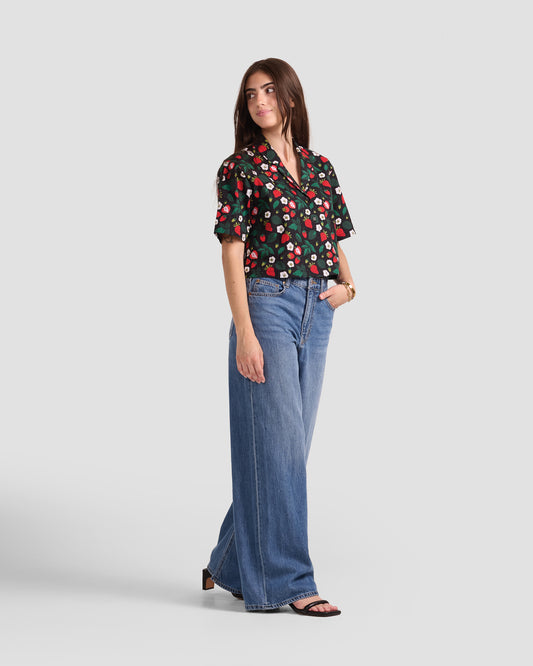Women's Strawberry Fields Print Oversized Cropped Shirt
