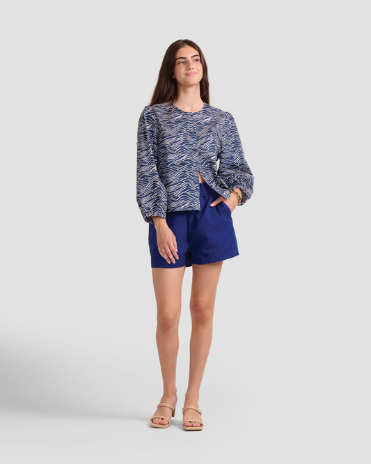 Women's Puff Sleeve Blouse With A Hand-Drawn Big Waves Print