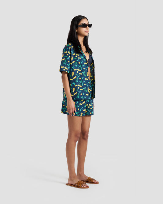 Women's Yellow Cherries Print Oversized Camp Shirt
