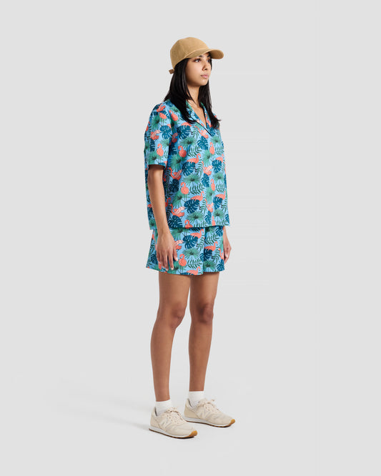 Women's Flamingos Print Oversized Camp Shirt