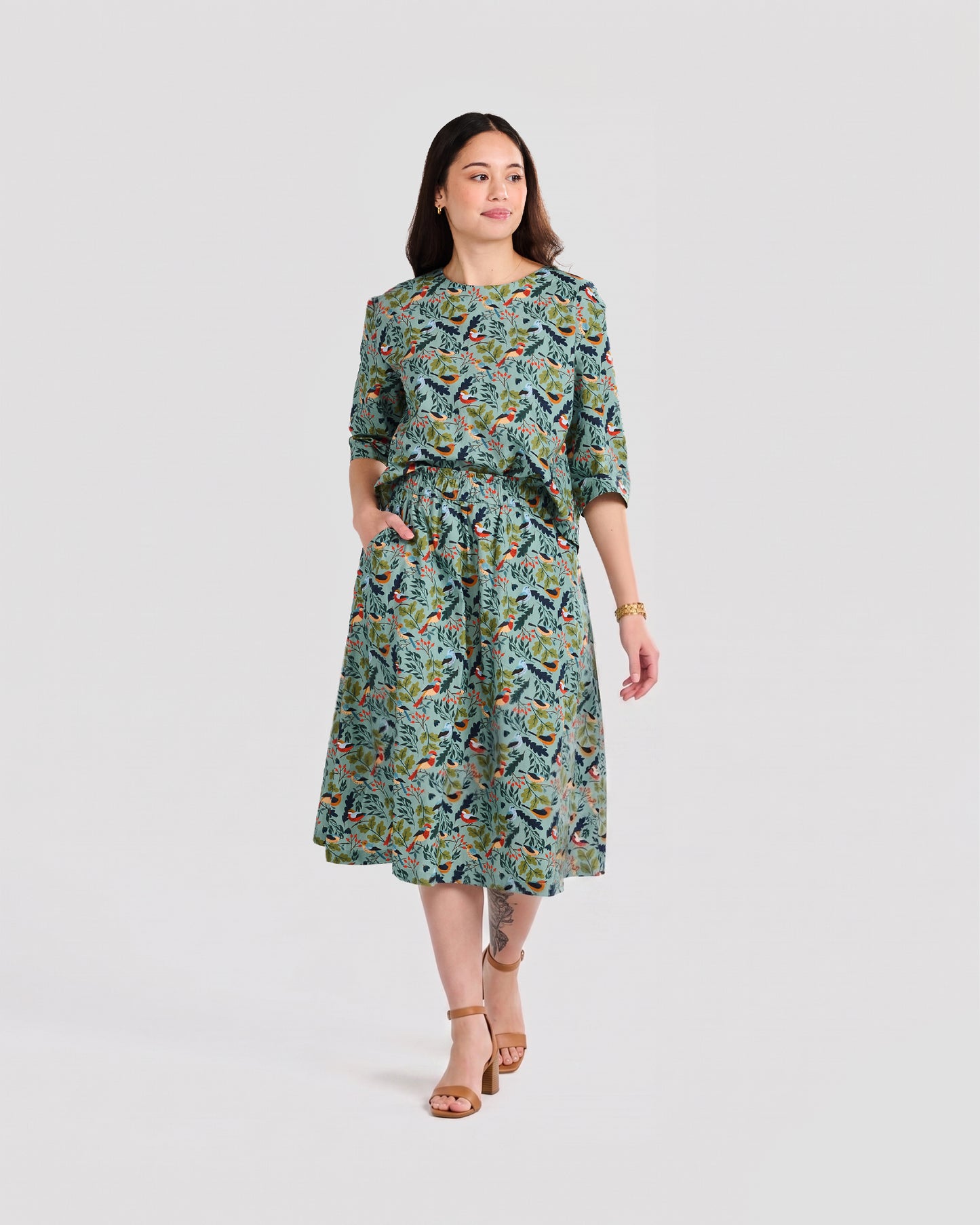 Women's Bird Watching Print Midi Pocket Skirt