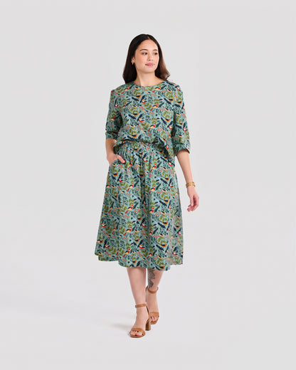 Women's Bird Watching Print Midi Pocket Skirt