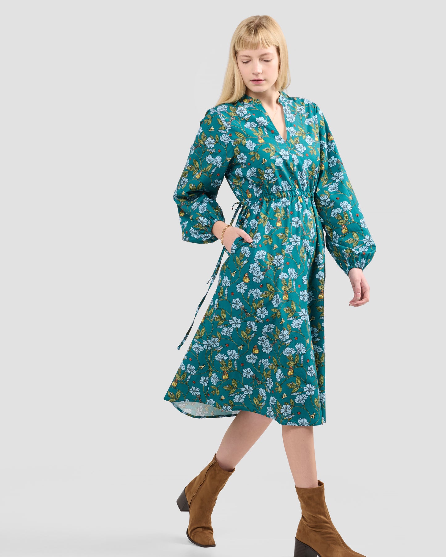 Flora in Flight Printed Adjustable Waist Midi Dress With Pockets