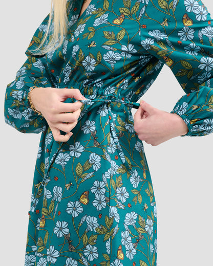 Flora in Flight Printed Adjustable Waist Midi Dress With Pockets