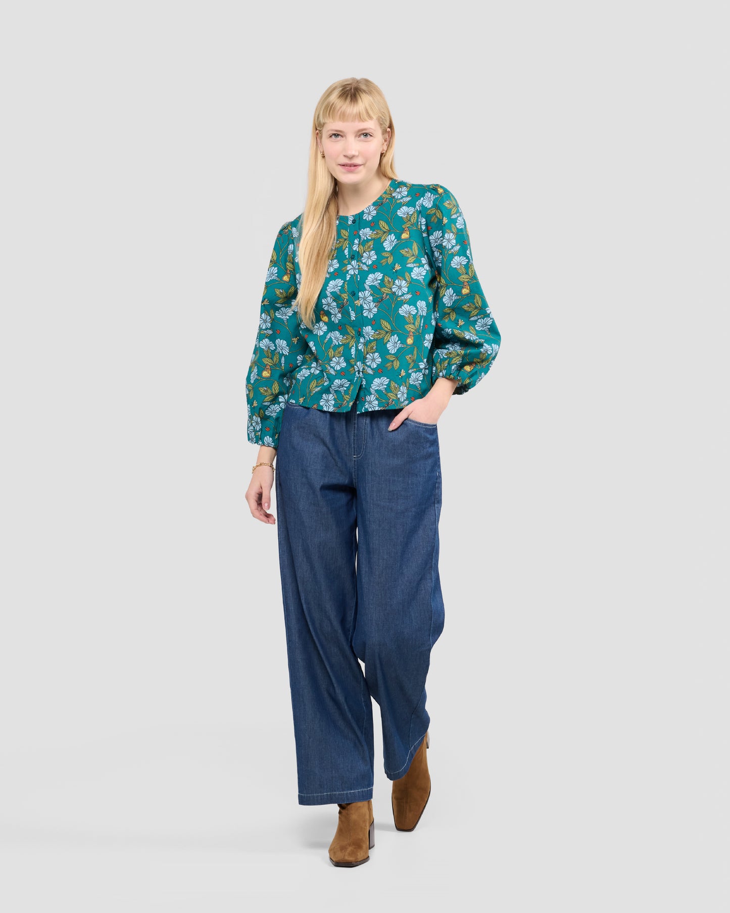 Women's Puff Sleeve Blouse With A Hand-Drawn Flora in Flight Print