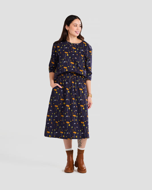 Women's Earthy Mushrooms Print Midi Pocket Skirt