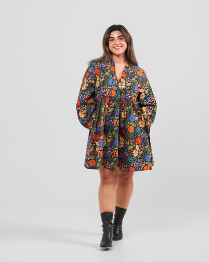 Floral Gallery Printed Boho Puff Sleeve Mini Dress With Pockets