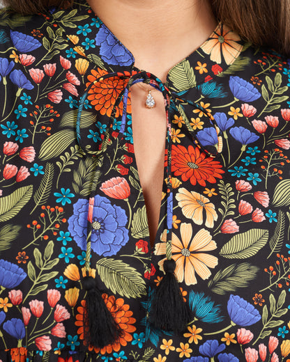 Floral Gallery Printed Boho Puff Sleeve Mini Dress With Pockets