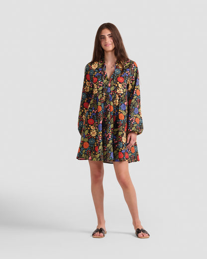 Floral Gallery Printed Boho Puff Sleeve Mini Dress With Pockets