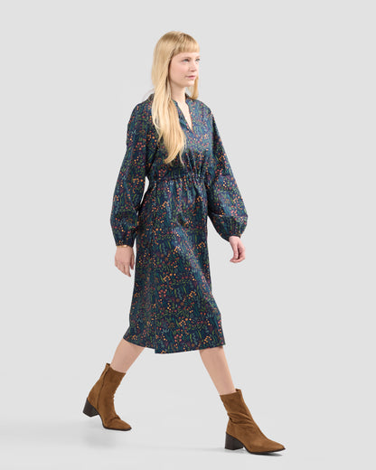 Floral Range Printed Adjustable Waist Midi Dress With Pockets