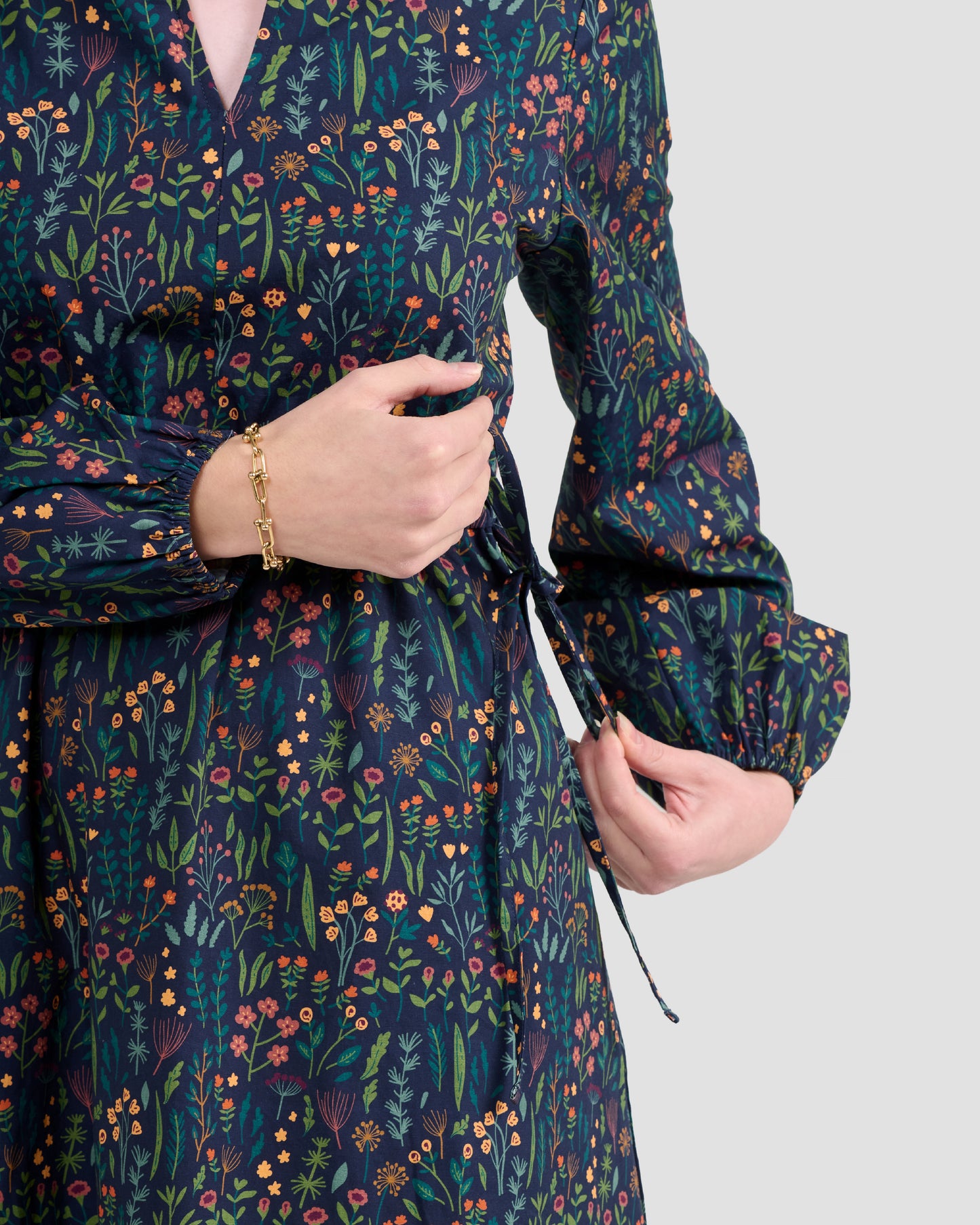 Floral Range Printed Adjustable Waist Midi Dress With Pockets