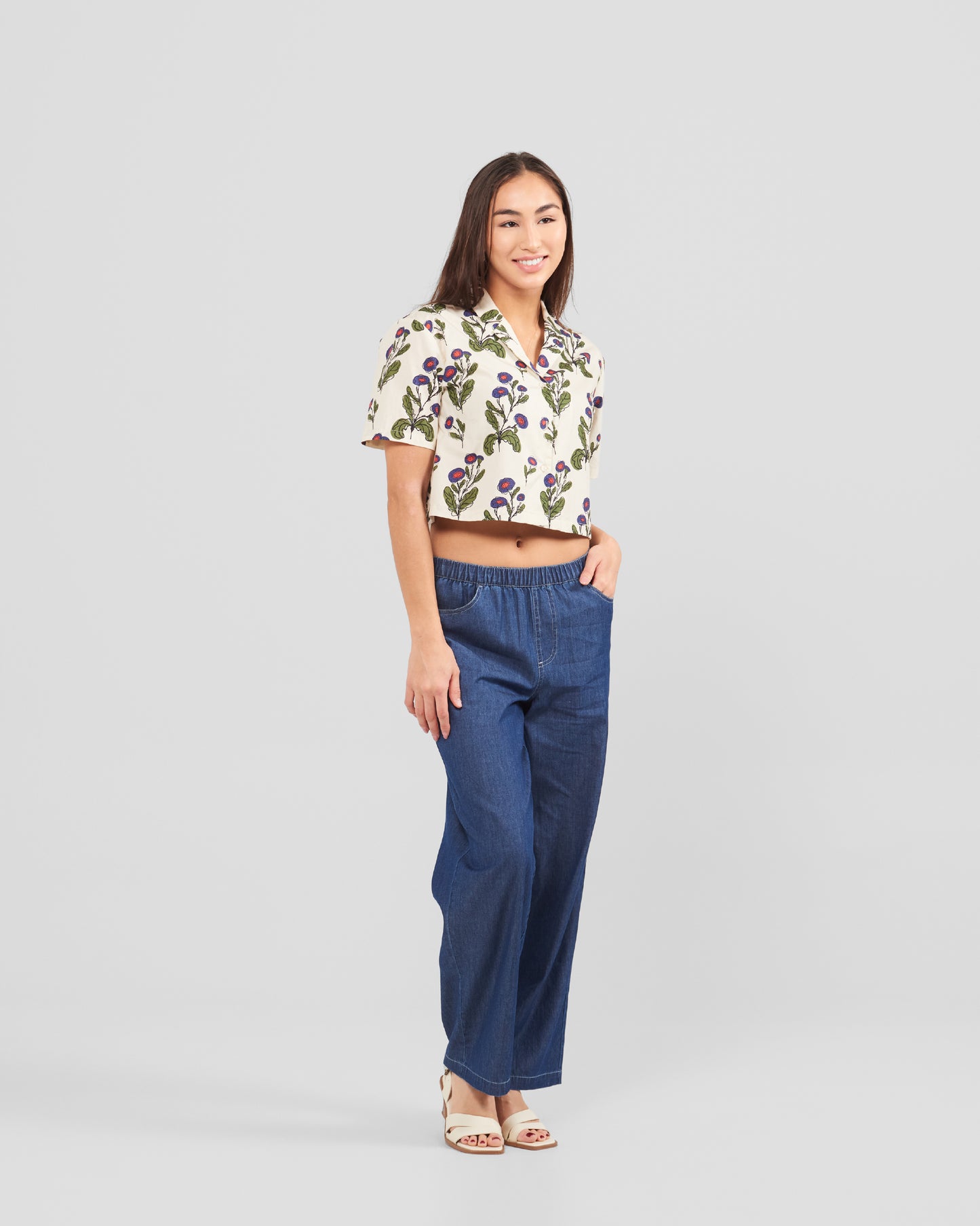 Women's Floral Stamp Print Oversized Cropped Shirt