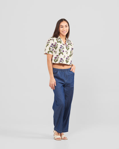 Women's Floral Stamp Print Oversized Cropped Shirt