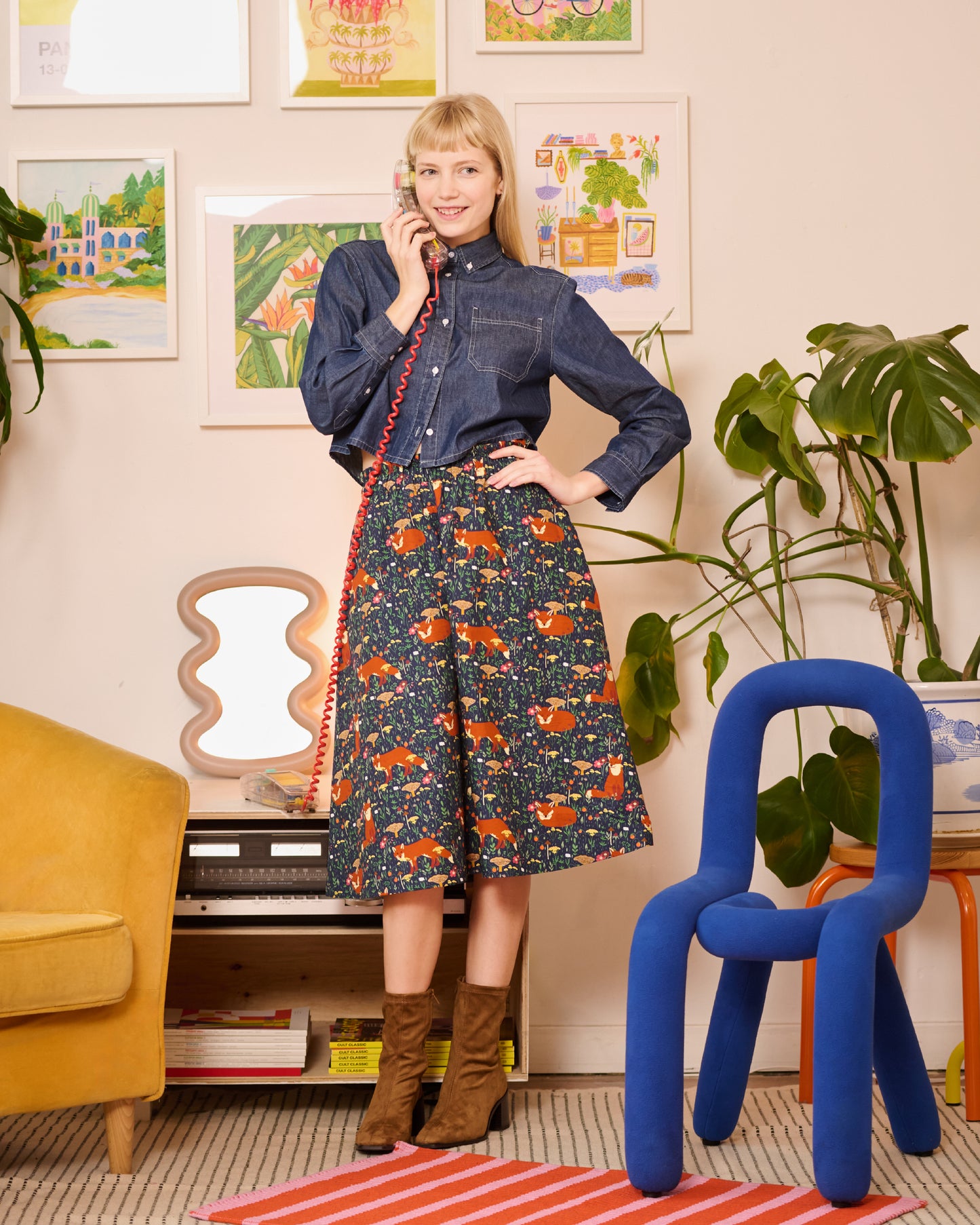 Women's Forest Fox Print Midi Pocket Skirt