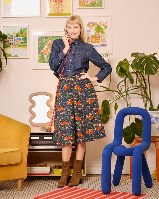 Women's Forest Fox Print Midi Pocket Skirt