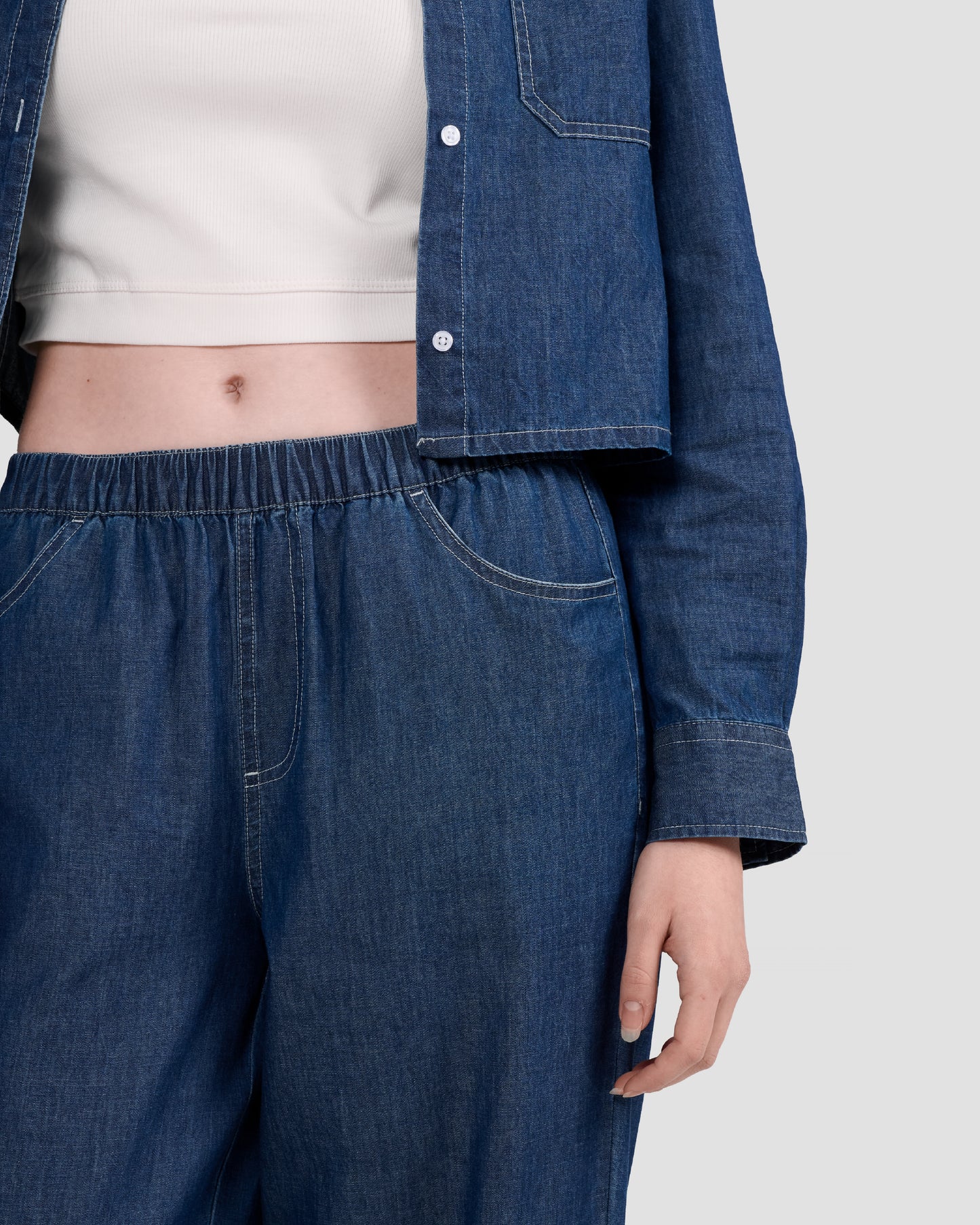 Women's Chambray Denim Cropped Button Down Shirt