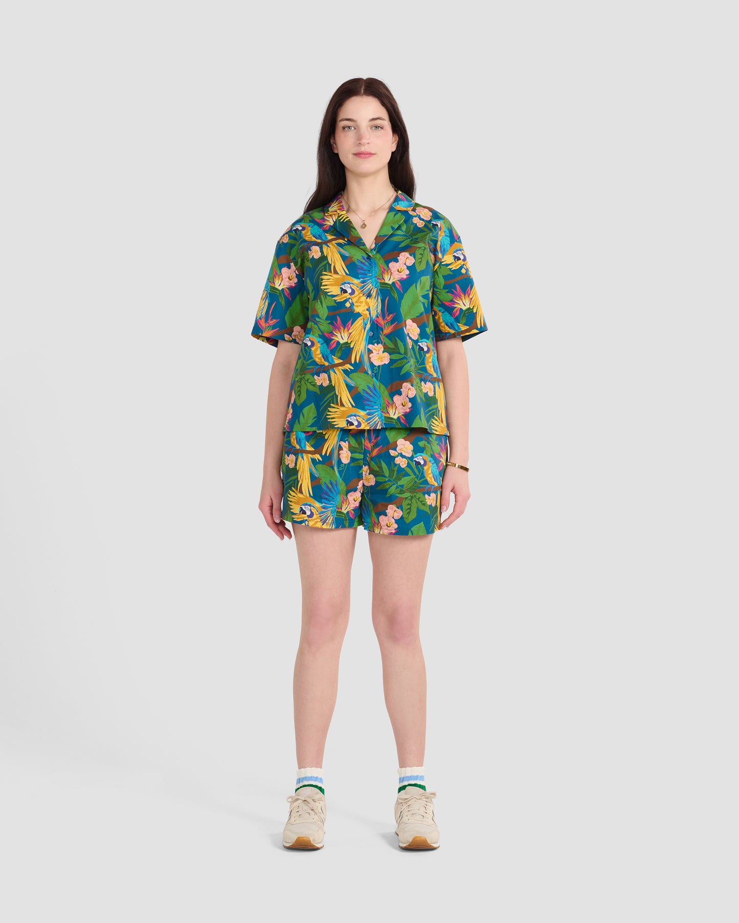 Women's Parrot Paradise Teal Print Oversized Camp Shirt
