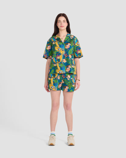 Women's Parrot Paradise Teal Print Oversized Camp Shirt