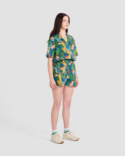 Women's Parrot Paradise Teal Print Oversized Camp Shirt