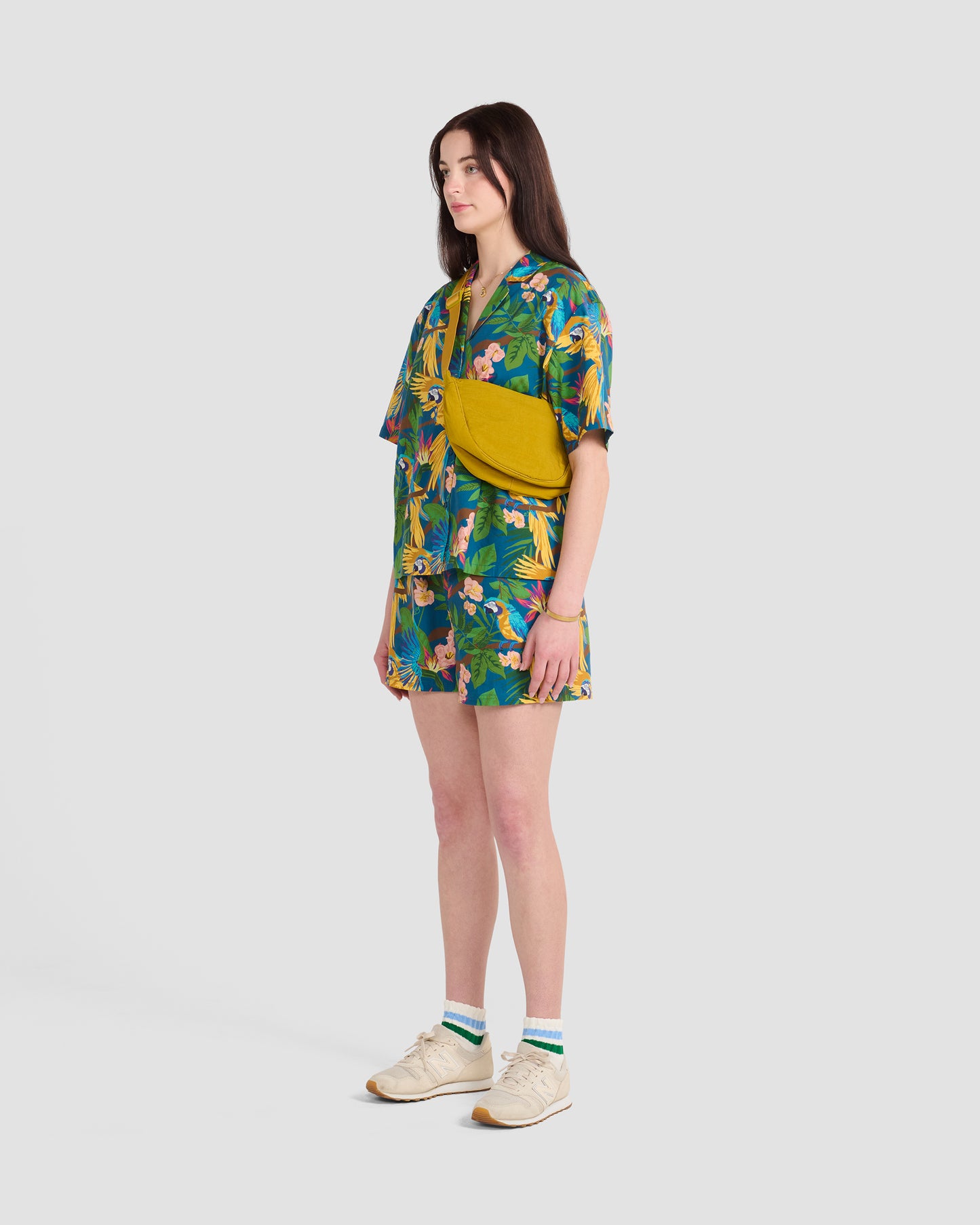 Women's Parrot Paradise Teal Print Oversized Camp Shirt