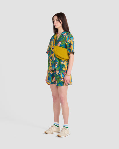 Women's Parrot Paradise Teal Print Oversized Camp Shirt