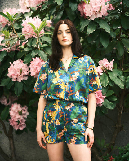 Women's Parrot Paradise Teal Print Oversized Camp Shirt