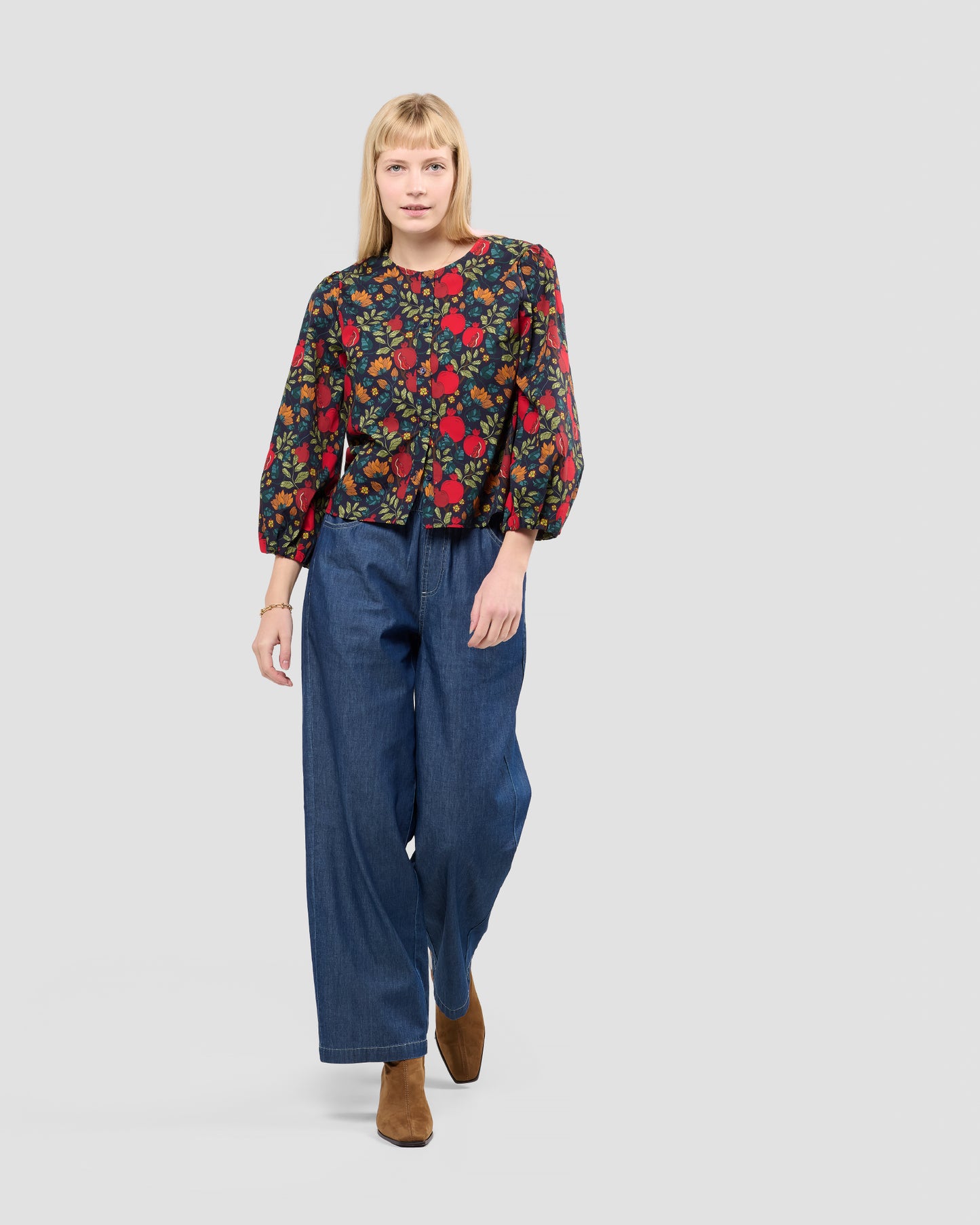 Women's Puff Sleeve Blouse With A Hand-Drawn Pomegranates Print