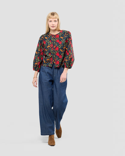 Women's Puff Sleeve Blouse With A Hand-Drawn Pomegranates Print