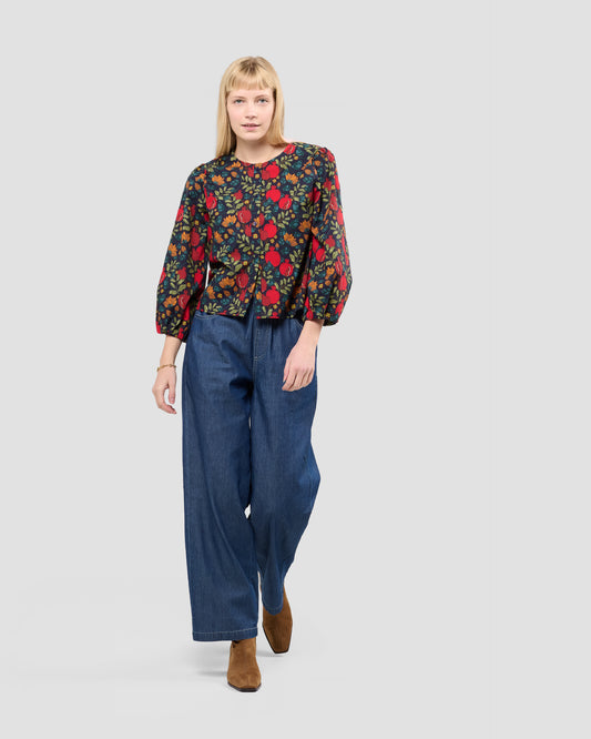 Women's Puff Sleeve Blouse With A Hand-Drawn Pomegranates Print