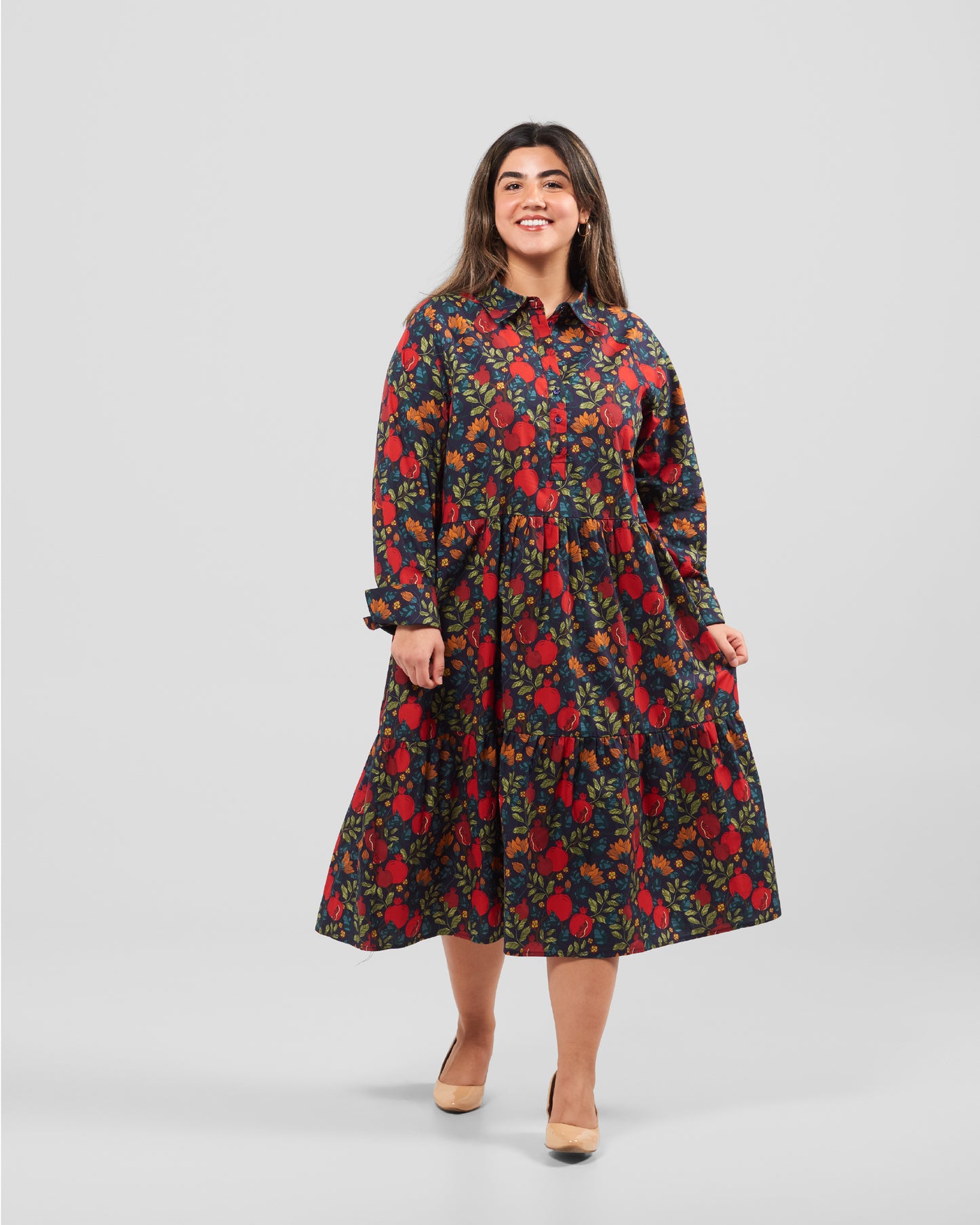 Pomegranates Printed Flared Pocket Shirt Dress