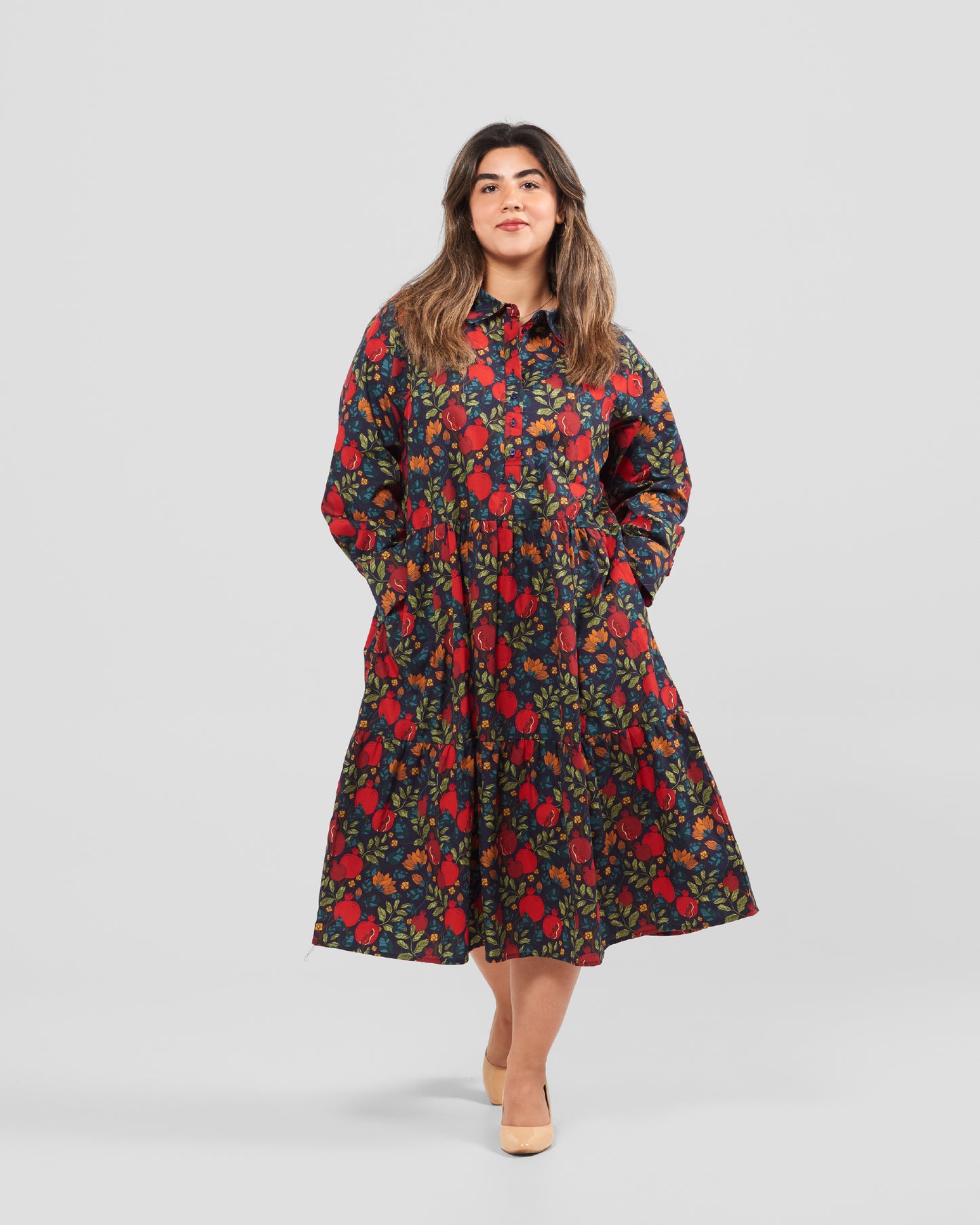 Pomegranates Printed Flared Pocket Shirt Dress