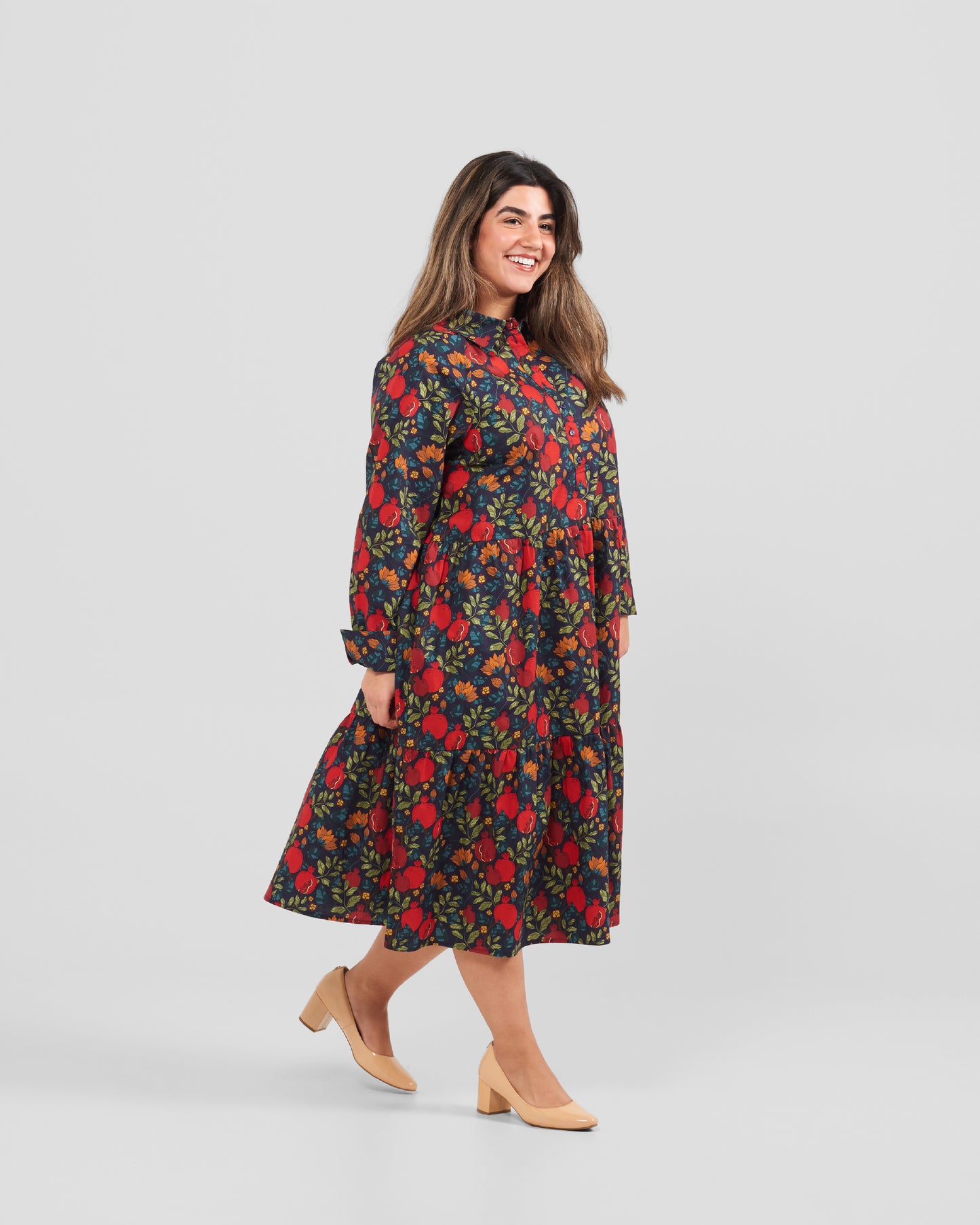 Pomegranates Printed Flared Pocket Shirt Dress