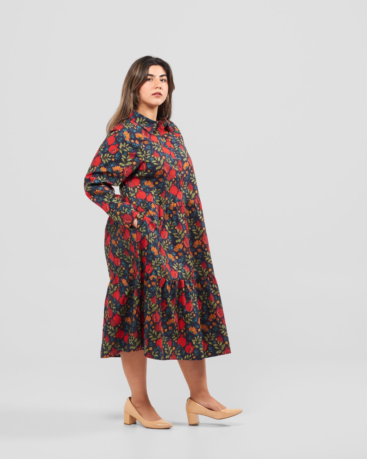 Pomegranates Printed Flared Pocket Shirt Dress