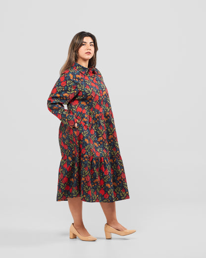 Pomegranates Printed Flared Pocket Shirt Dress