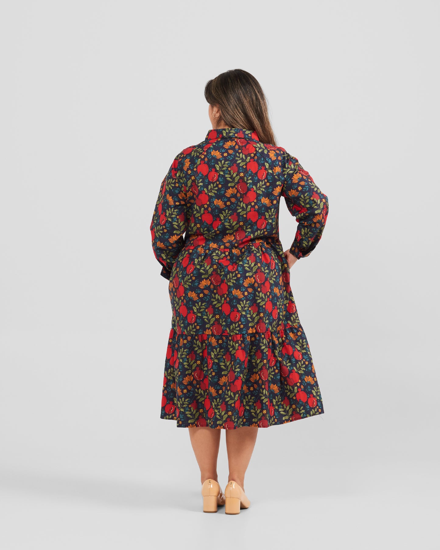 Pomegranates Printed Flared Pocket Shirt Dress