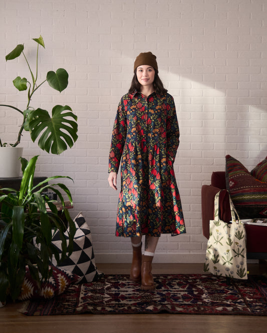 Pomegranates Printed Flared Pocket Shirt Dress
