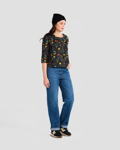 Women's Rainy Field Black Print 3/4-sleeve Pull-over Blouse