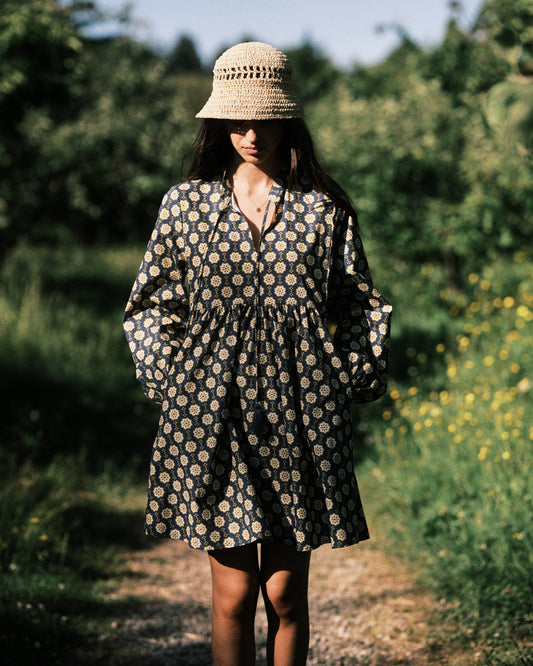 Spanish Tile Printed Boho Puff Sleeve Mini Dress With Pockets