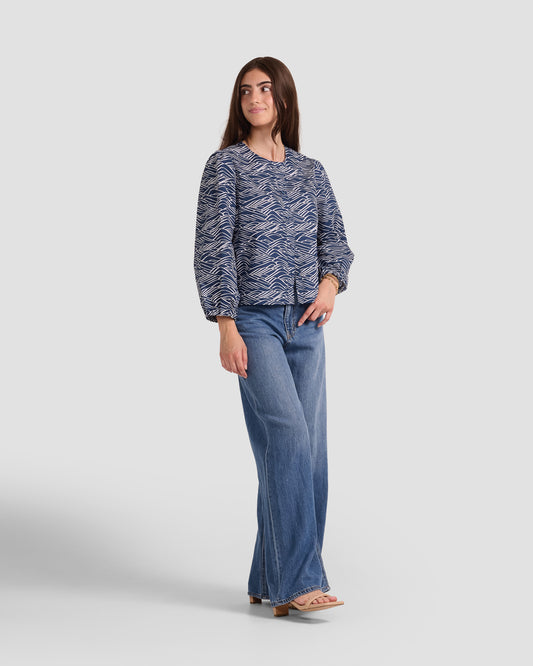 Women's Puff Sleeve Blouse With A Hand-Drawn Big Waves Print
