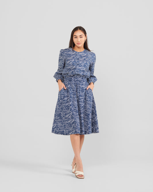 Women's Big Waves Print Midi Pocket Skirt