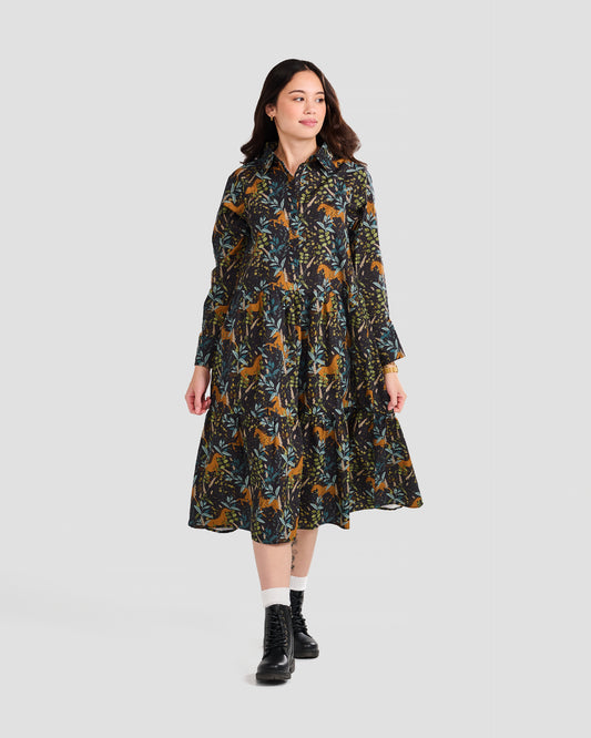 Wild Horses Printed Flared Pocket Shirt Dress