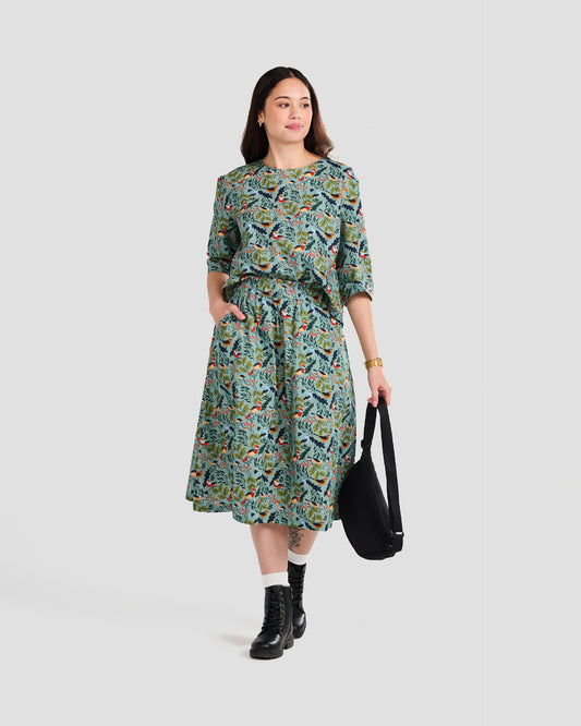 Women's Winter Birds Print Midi Pocket Skirt