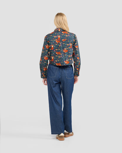 Women's Forest Fox Print Cropped Button Down Shirt