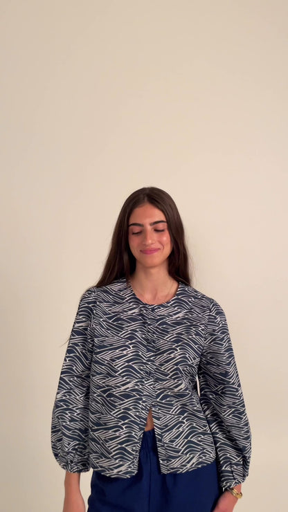 Women's Puff Sleeve Blouse With A Hand-Drawn Big Waves Print