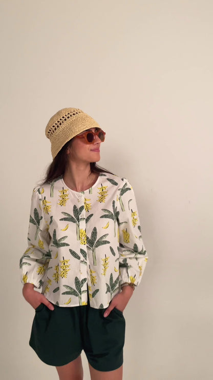 Women's Puff Sleeve Blouse With A Hand-Drawn Banana Palm Print